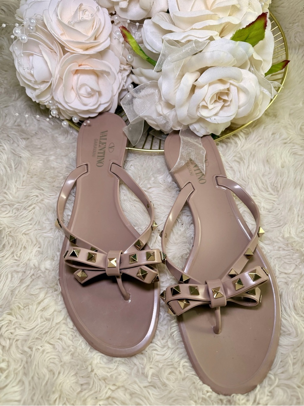 Valentino Pink Nude Rockstud Bow Jelly Sandals